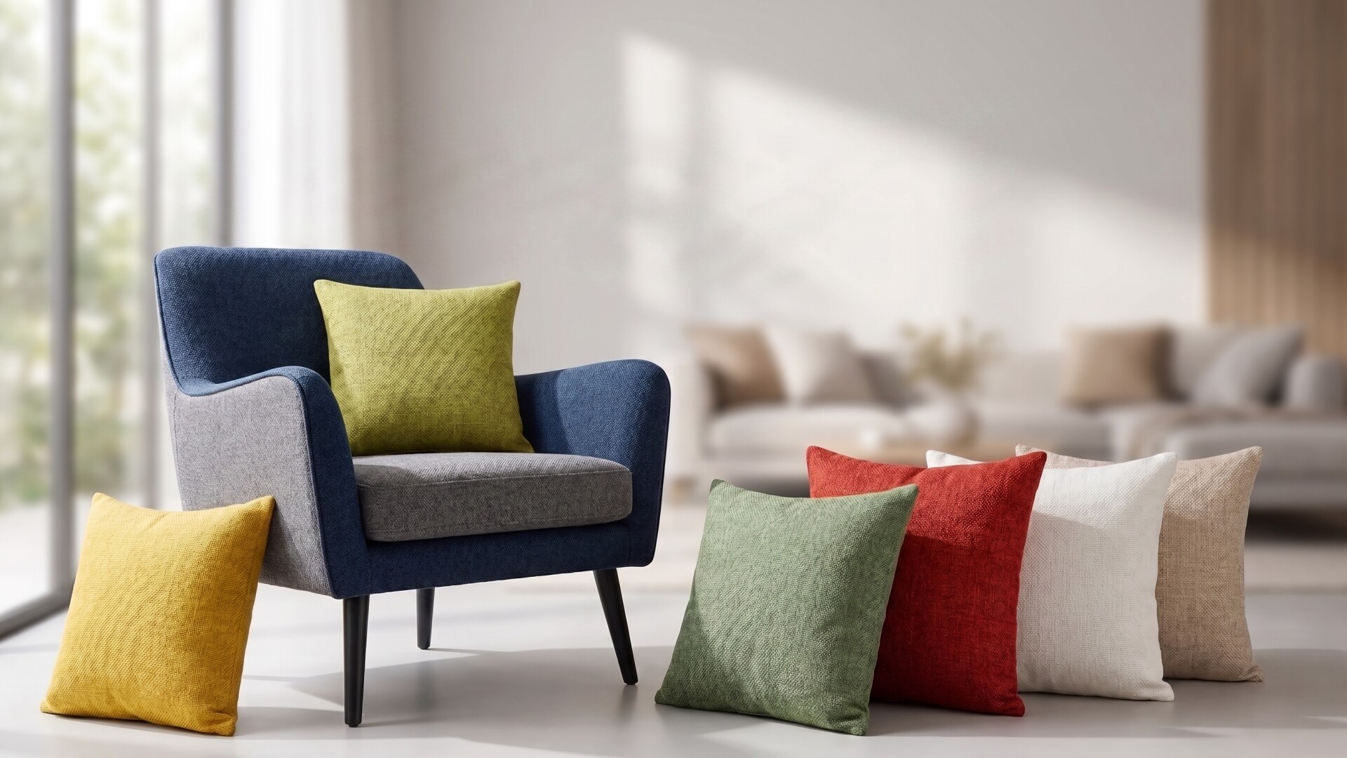 Custom upholstery armchair with colorful accent cushions